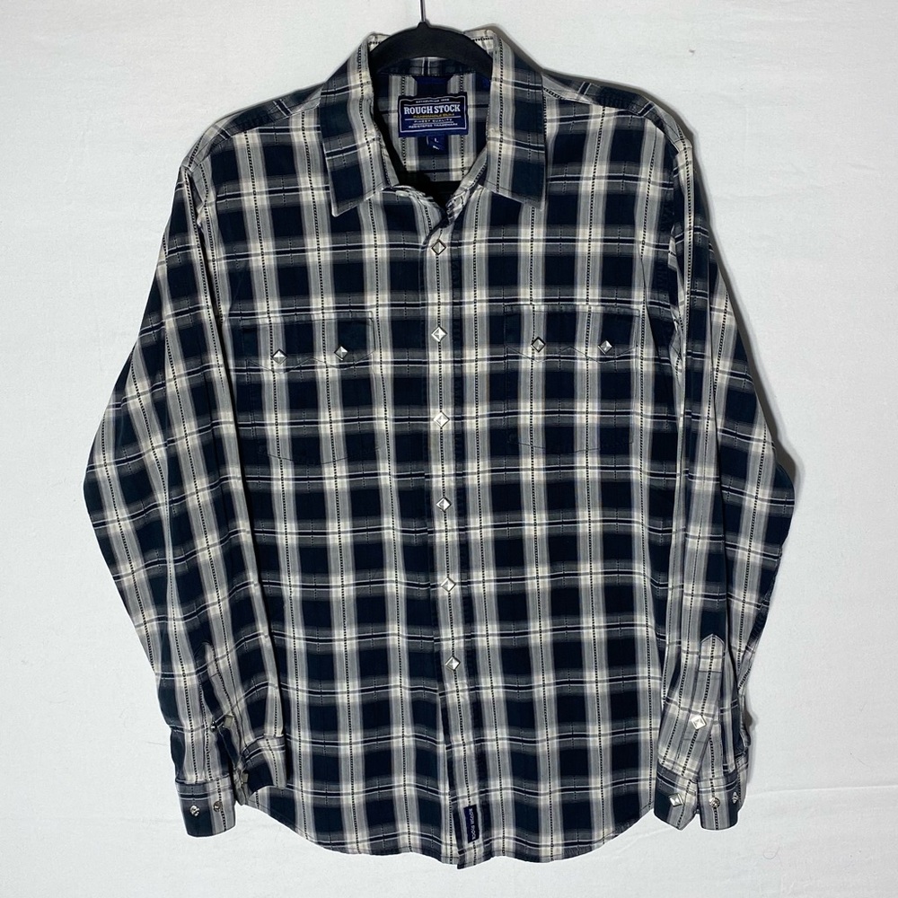 Vintage Panhandle Slim Rough Stock Black White Plaid Diamond Pearl Snap Shirt L